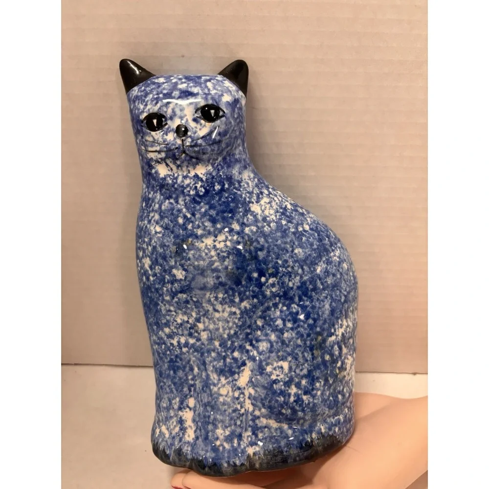 Cat Kitty Vintage Sponged Painted Blue‎ and White Coin Bank 9